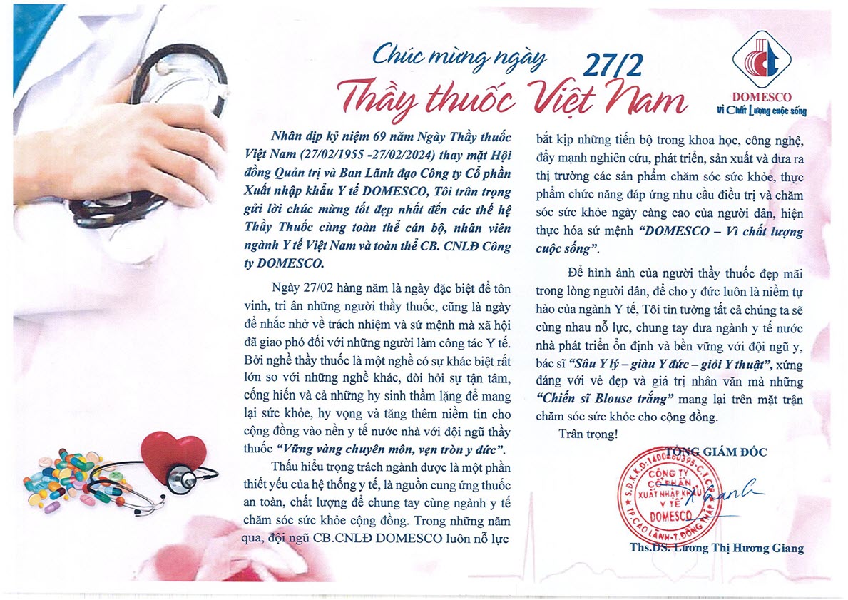 THƯ CHÚC MỪNG NGÀY THẦY THUÔC VIỆT NAM 27/02/2024