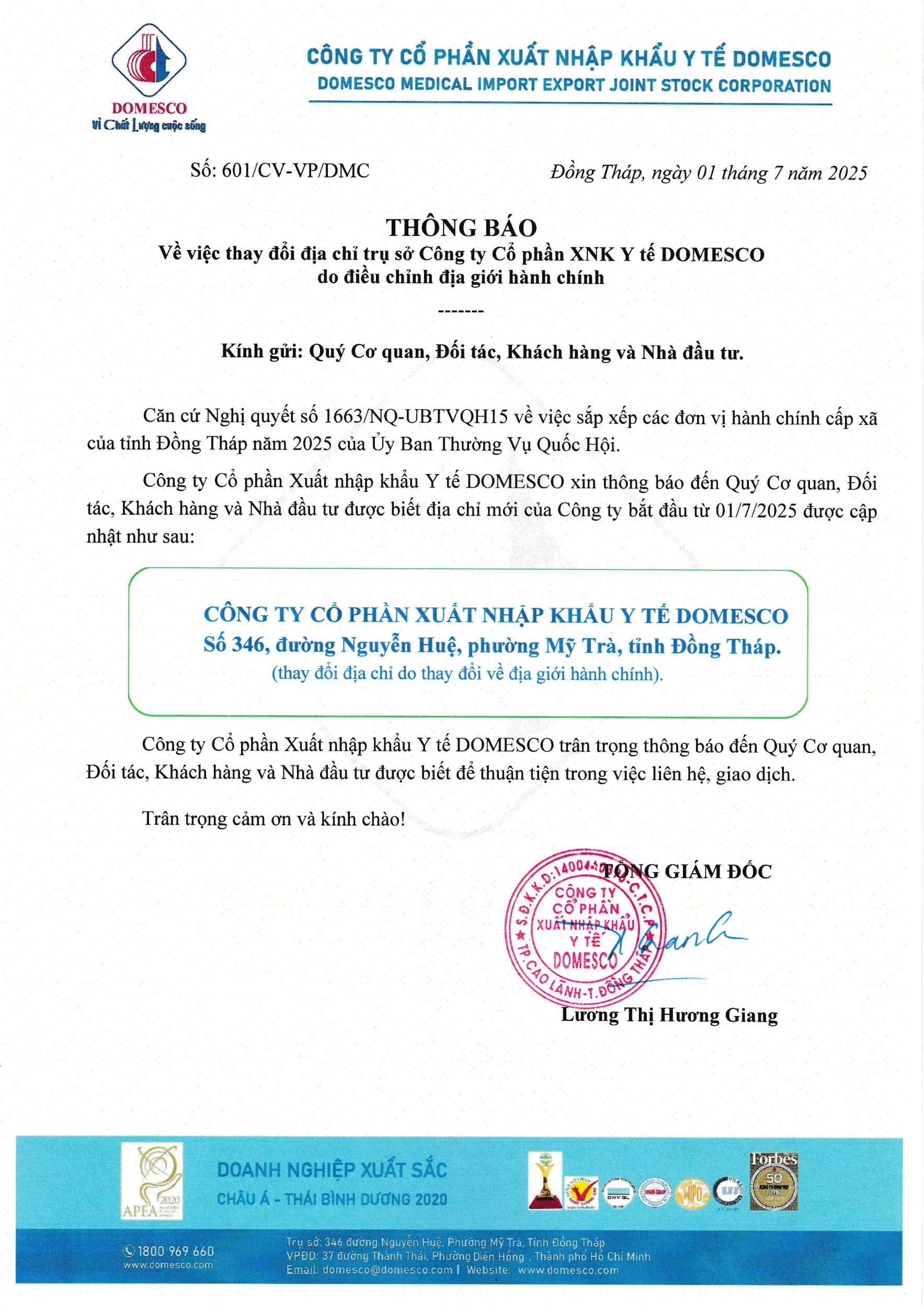 DOMESCO THÔNG BÁO THAY ĐỔI ĐỊA CHỈ TRỤ SỞ CÔNG TY DO ĐIỀU CHỈNH ĐỊA GIỚI HÀNH CHÍNH