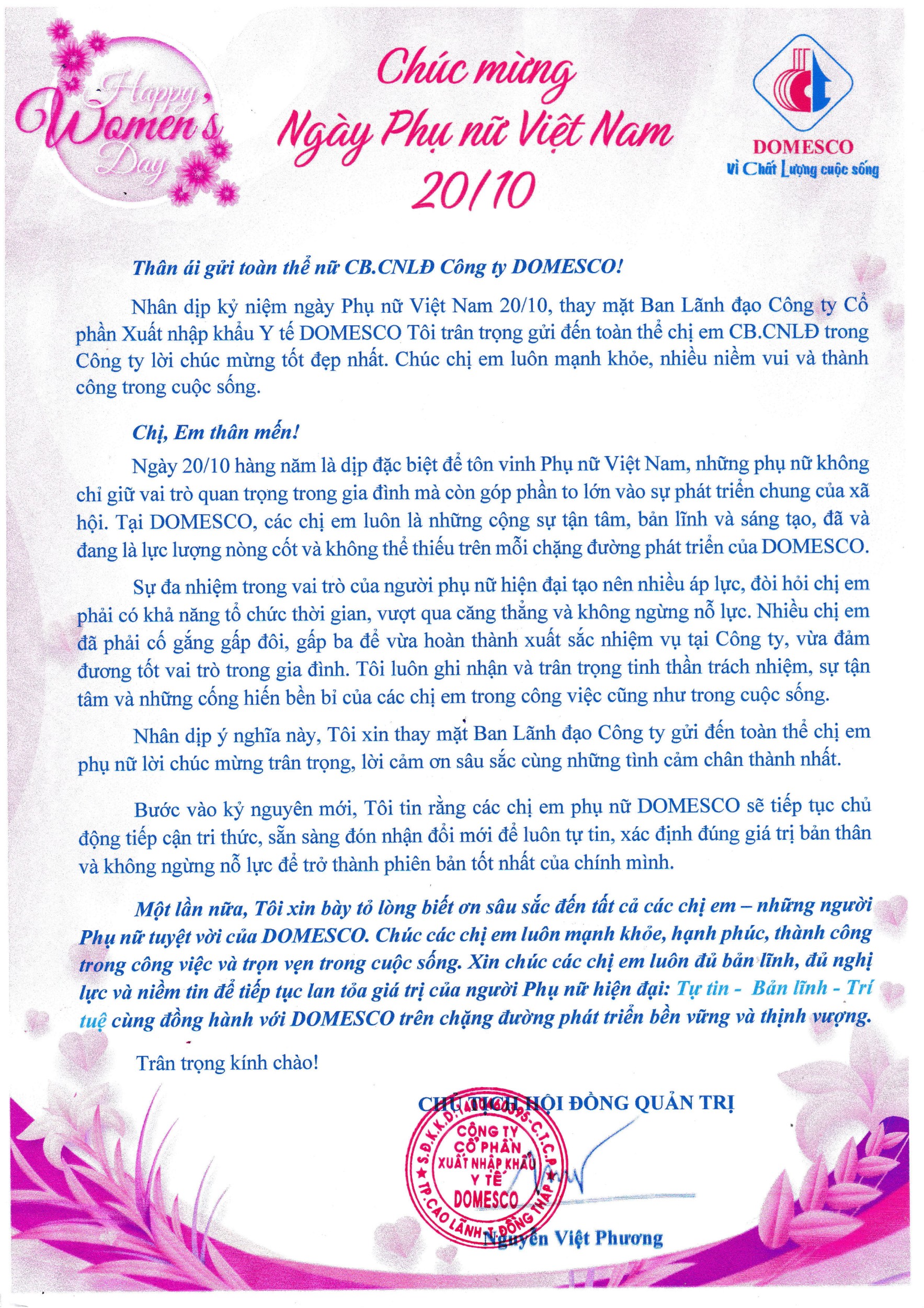 THƯ CHÚC MỪNG NGÀY PHỤ NỮ VIỆT NAM 20/10