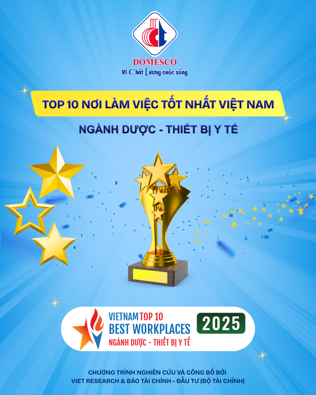 DOMESCO ĐƯỢC VINH DANH TOP 10 NƠI LÀM VIỆC TỐT NHẤT VIỆT NAM NGÀNH DƯỢC – THIẾT BỊ Y TẾ NĂM 2025