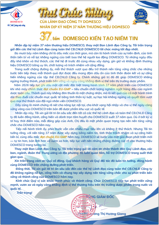 THƯ CHÚC MỪNG NHÂN DỊP KỶ NIỆM 37 NĂM THƯƠNG HIỆU DOMESCO (19.05.1989 - 19.05.2026)